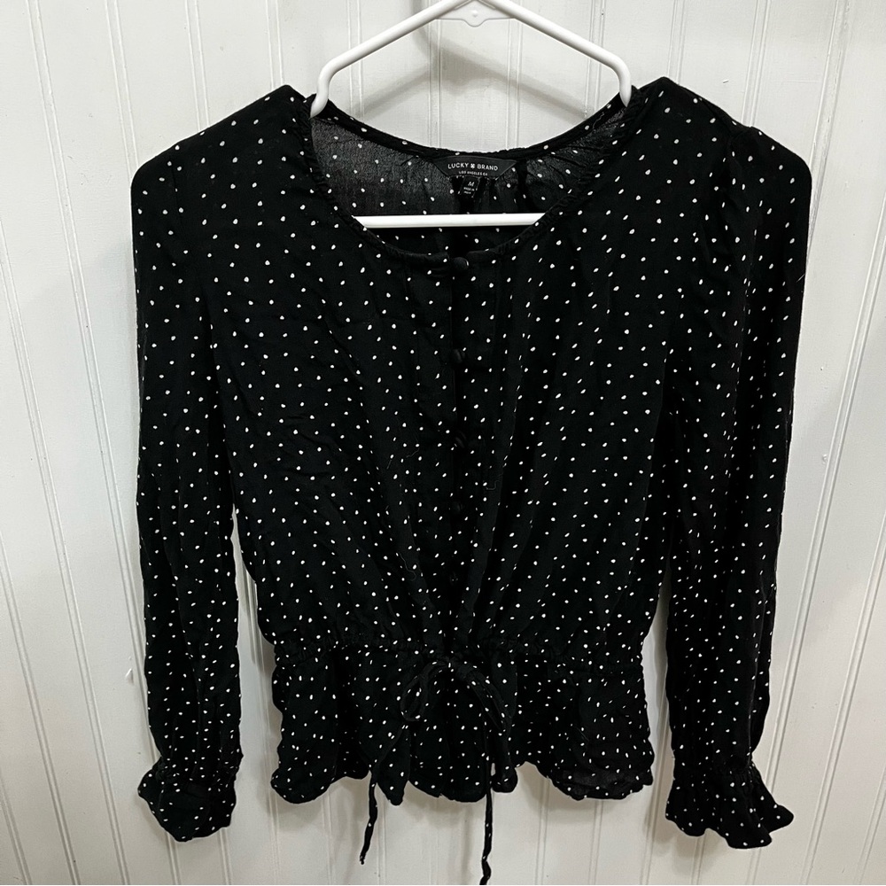 Lucky Brand Black and White Ruched Tie Front Blouse